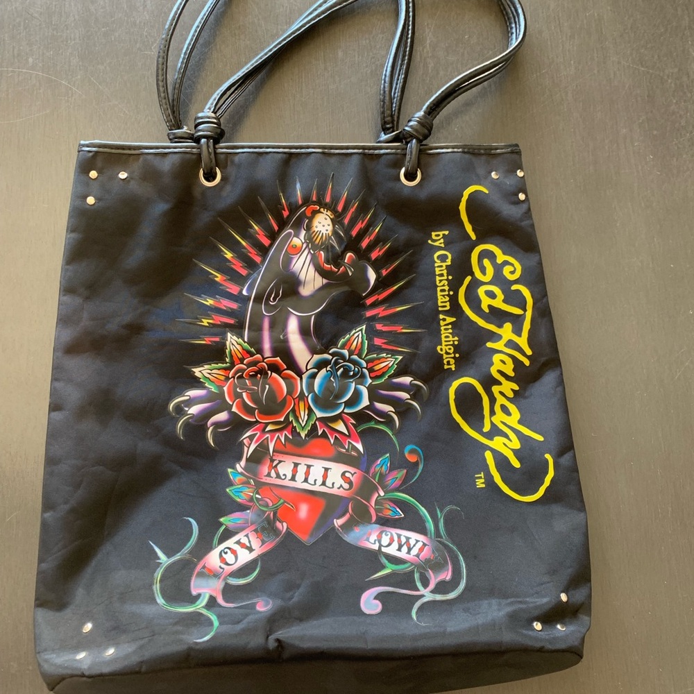 Ed Hardy By Christian Audigier Love Kills Slowly Black Panther Vinyl Tote Bag